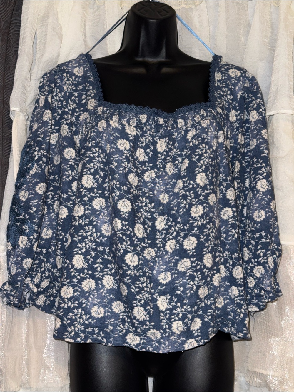Cupio Navy Blue Floral Peasant Tunic